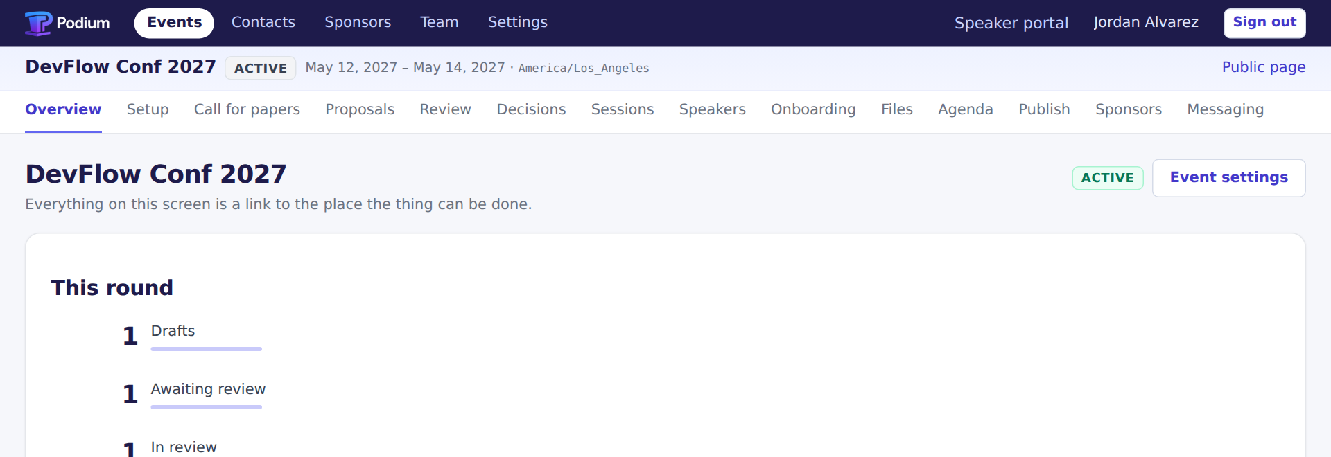 The event dashboard on a local install, showing counts of days, tracks, formats, rooms and calls for proposals.