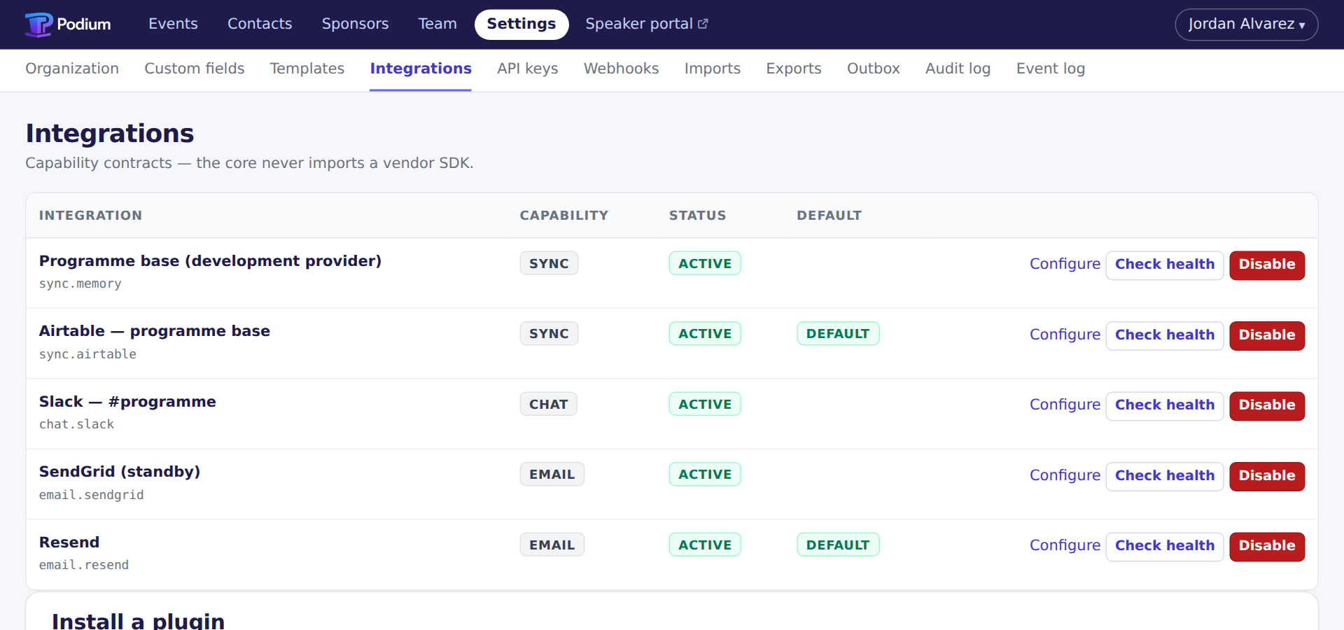 The integrations screen listing five installed adapters — Resend and SendGrid for email, Slack for chat, and two sync providers including Airtable — each active, with Resend and Airtable flagged as the default for their capability.