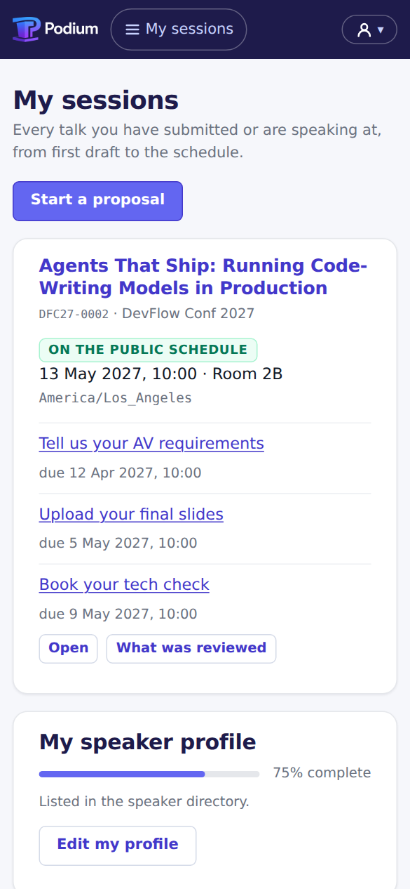 The speaker portal on a phone: an accepted proposal with a confirm-by date, a published session with its room and time, and outstanding tasks with due dates.