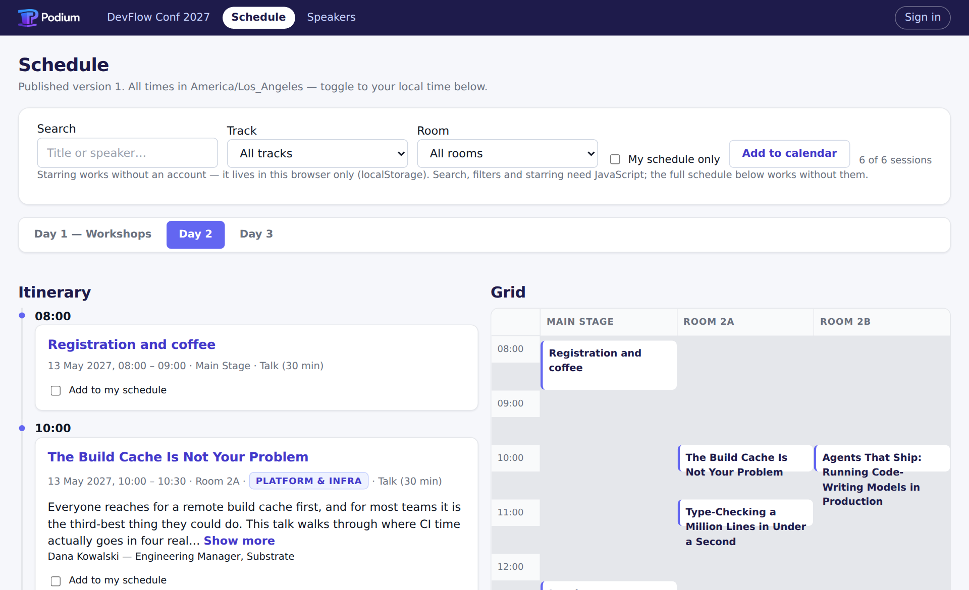 The public schedule: search, track and room filters and an add-to-calendar button, over an itinerary of sessions with their times, rooms and tracks.