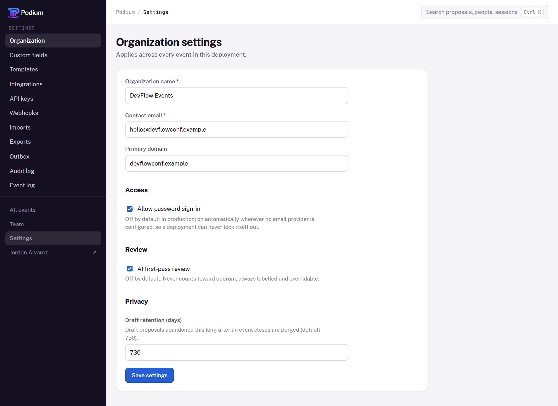 The organization settings screen: name, contact email and primary domain, then an Access section with an 'Allow password sign-in' checkbox, a Review section with an 'AI first-pass review' checkbox, and a draft retention field set to 730 days.
