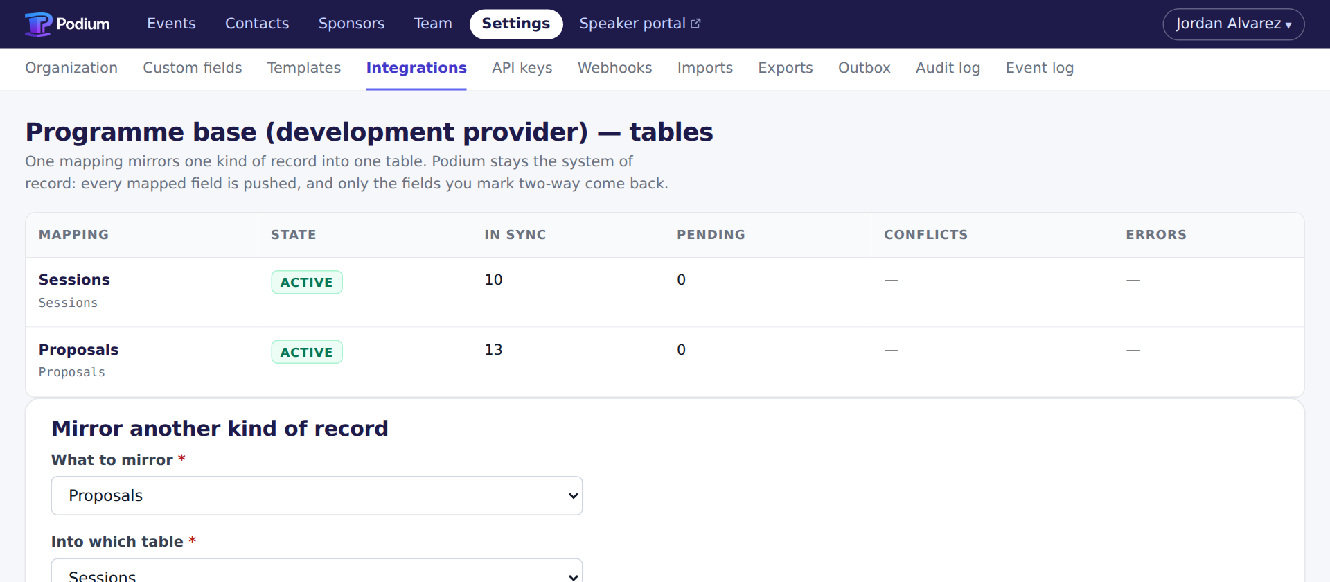 The sync screen: two mapped tables, Sessions and Proposals, both active, with counts of records in sync, pending, in conflict and errored, above the form for mirroring another kind of record.